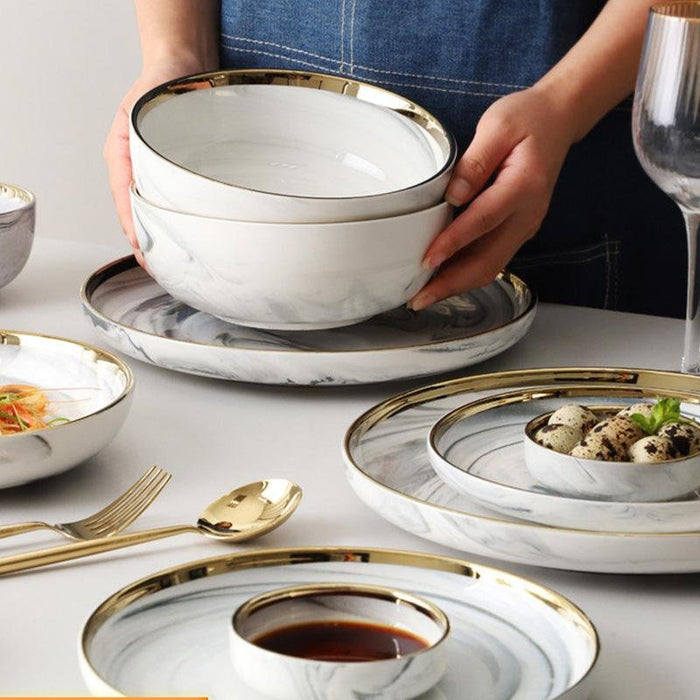 Marbleized Gold Rim Dinnerware